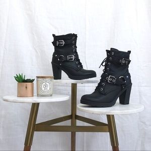 Guessed heeled buckle combat boots